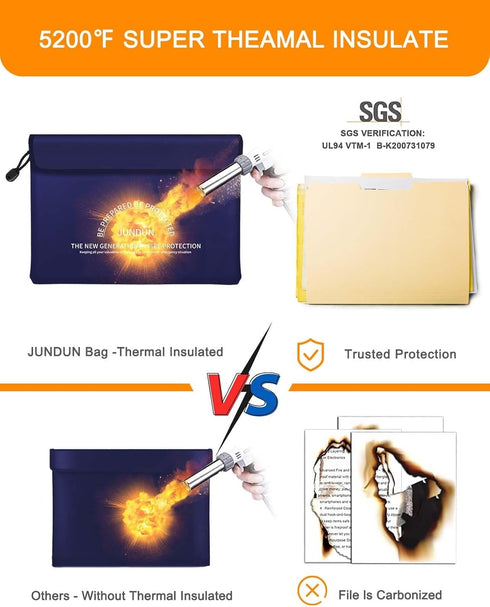 Fireproof Document Bag with 5200? Heat Insulated,14.0”x10.4” Waterproof and Fireproof Money Bag,8 Layers Thickened Fire Safe Storage Bag Pouch wit...
