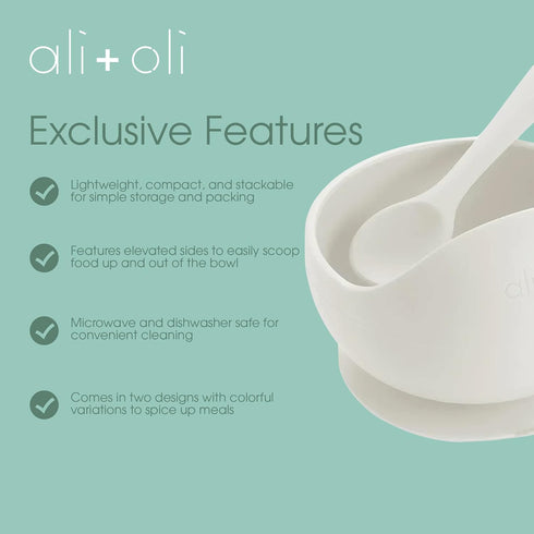 Ali+Oli Silicone Suction Bowl and Spoon Set (Sage, Original) - Unbreakable for 6 Months and Up, Self Feeding Utensils, First Stage Baby Feeding Su...