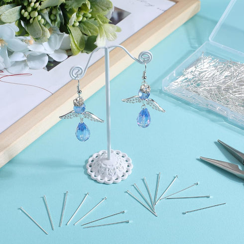 1 Box 600Pcs Long Earring Pins Silver Head Pin Bulk Brass Flat Jewelry Head Pin Findings Dangle Earring Pins for Jewelry Making Earrings Bracelets...
