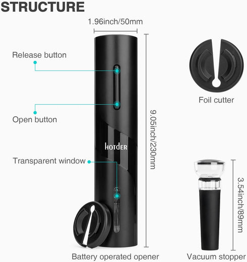 Hotder Electric Wine Opener,Battery Operated Wine Bottle Opener with Corkscrew,Foil Cutter,Wine Stopper,Ideal Gift for Wine Lovers,Home Party Wedd...
