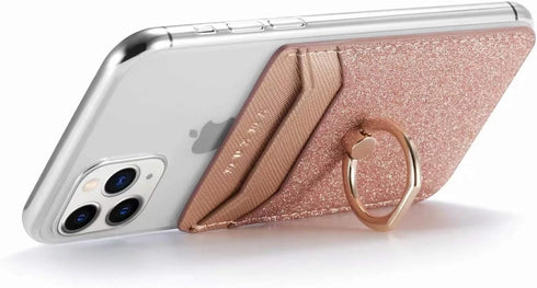 Card Holder Sleeve with Kickstand Ring for Women, 2 Pieces RFID Credit Wallet Glitter Stick On Back Grip for iPhone Samsung Smartphone - Pink + Go...