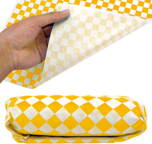 100 Sheets Checkered Dry Waxed Deli Paper Sheets, Paper Liners for Plastic Food Basket, Wrapping Bread and Sandwiches (Yellow)...