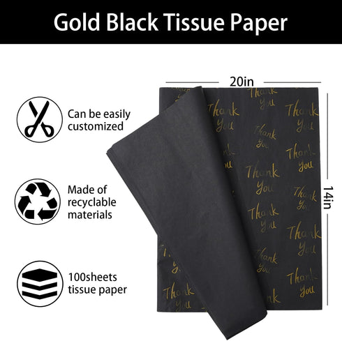 Whaline 100 Sheets Black Gold Tissue Paper Gold Thank You Gift Wrapping Paper Metallic Decorative Art Paper for DIY Crafts Birthday Baby Shower Pa...
