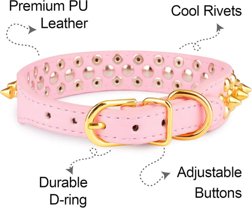 Epesiri Golden Spike Collar for dogs, Gold Spiked Dog Collar, Durable PU Leather Studded Dog Collar with Leash, Funny Mushrooms Rivet Small Puppy ...