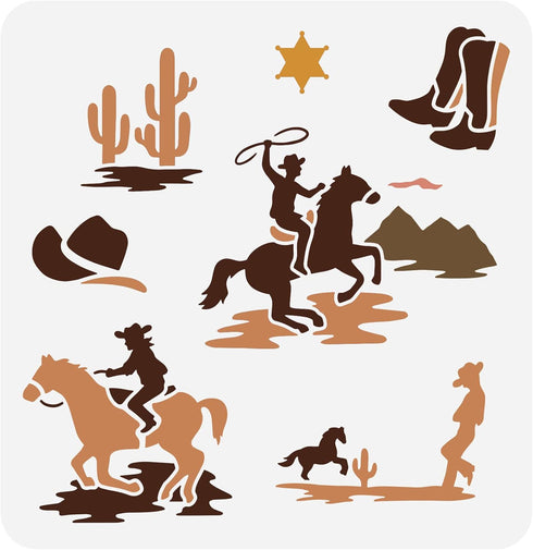 FINGERINSPIRE Western Cowboy Theme Stencil 11.8x11.8 inch Cowboys Riding Horse Painting Stencils Plastic Cactus Boots Hats Pattern Stencil Reusabl...