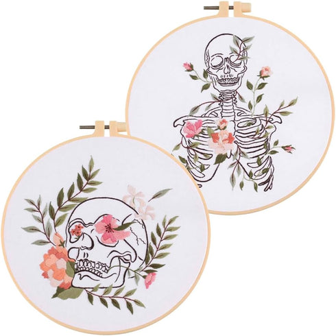YANGSHINE 2 Sets Human Anatomy Embroidery Kit for Beginners,Flower with Skull Patterns Cross Stitch Kits,Including Embroidery Hoops, Fabric,Color ...