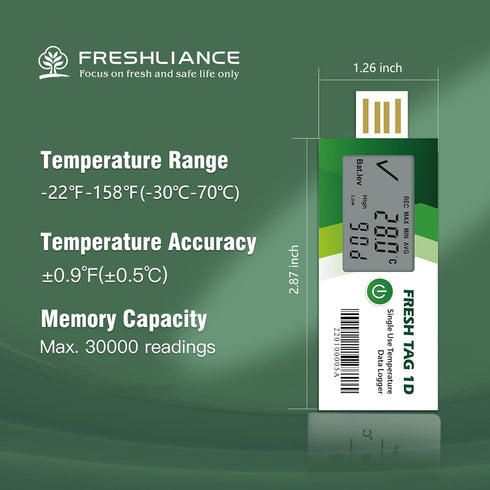 Freshliance Temperature Data Logger LCD Single Use with PDF Report 7Days 1Pack Fresh Tag1D...
