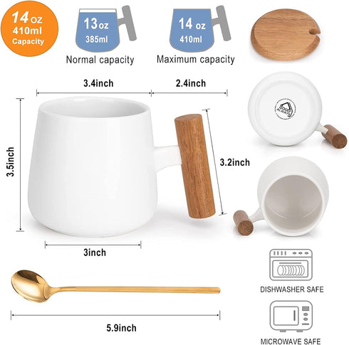 Ceramic Coffee Mug,Tea Cup for Office and Home,14 Oz Cup with Lid and Coffee Spoon, Fathers Day, Birthday Gifts for Women and Men, 1 Pack (White)...
