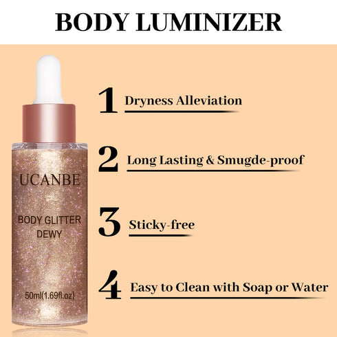 UCANBE Hydrating Body Glitter Dewy Highlighter Makeup Luminizer Drops Body Shimmer Liquid Face Glow Sparkles for Women Gifts (Rose Gold #03)...