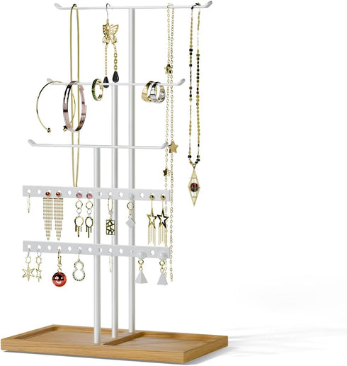 Jewelry Holder Stand Organizer: 3-tier Tree for Necklaces Earrings Rings Bracelets - Natural Wood Tray - Jewelry Hanger for Dispaly Decor and Stor...
