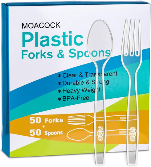 100 Count Plastic Silverware, Heavy Weight Plastic Forks Spoons Disposable Utensils Cutlery Set for Wedding Party Supplies Everyday Use...