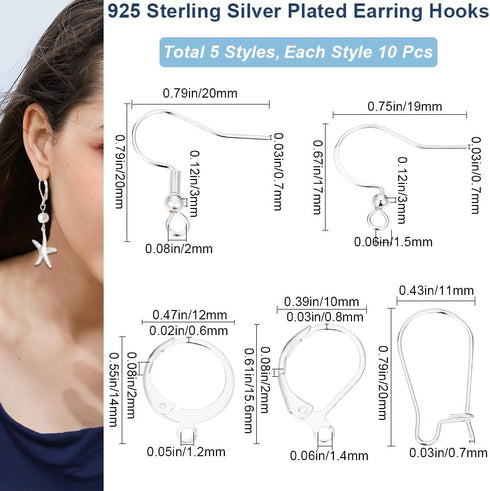 Beebeecraft 5 Styles 50Pcs Earring Hooks 925 Sterling Silver Plated Earring Making Kit Leverback Huggies Earwire for Jewelry Earring Making...