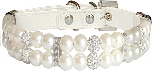 KUDES Dog Cat Pearl Collars with Crystal Rhinestone Diamond Décor, Adjustable Cute Fashion Pet PU Leather Collars Necklace for Small Dog Pets Wedd...