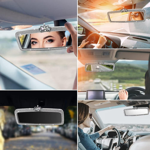 Bling Rhinestone Rear View Mirror Cover, Car Rear View Mirror with Crystal Diamonds Bling Rhinestones Car Rear View Mirror Car Interior Trim(White...