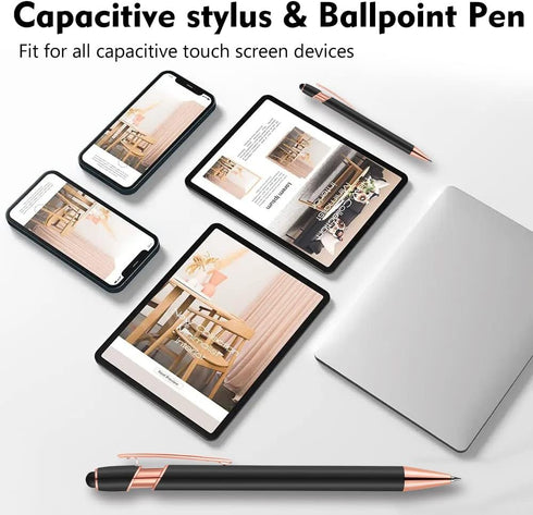 12 PCS 2 in 1 Stylus Ballpoint Pens,Pen with Stylus Tips, 1.0 mm Black Ink Metal Pen Stylus Pens for Touch Screens (Rose gold & Blue) 12 Pens and ...