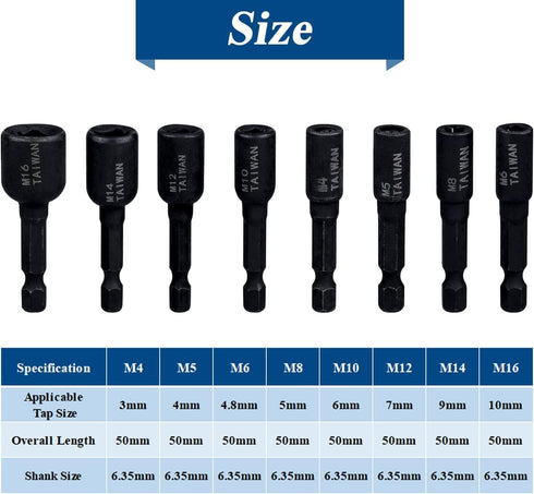 8 Pcs Tap Socket Wrench, 1/4 Hex Shank High Hardness Alloy Steel Socket Taps Air Screwdriver Accessories (M4/M5/M6/M8/M10/M12/M14/M16)...
