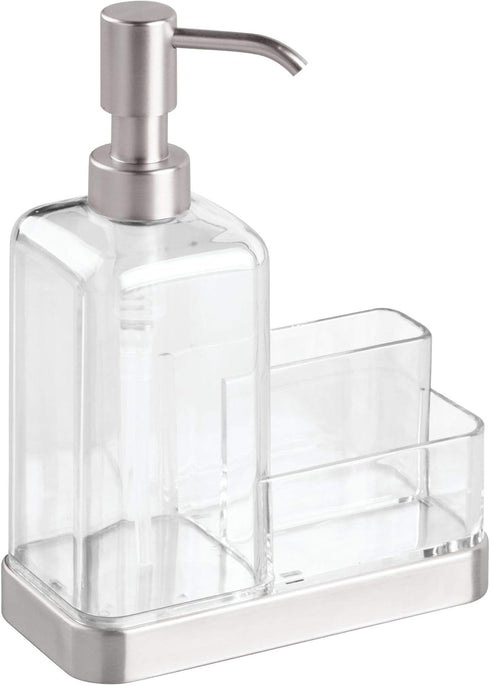 iDesign 67080 Forma Plastic Soap Pump with Caddy, Dispenser with Storage Compartment for Bathroom, Kitchen Countertops, Sinks, Set of 1, Stainless...