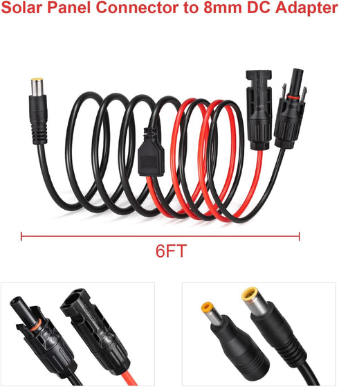 Solar Panel to DC 8MM Adapter,14AWG 6FT Solar Connector to DC 8MM Male Converter Cable with DC 5.5×2.5mm Converter for Portable Power Station Sola...