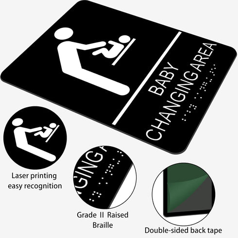 Baby Changing Area Sign for Business, ADA Compliant Braille Restroom Sign, 8.27 x 5.9 inch Diaper Changing Station Sign with Adhesive Back, Black ...