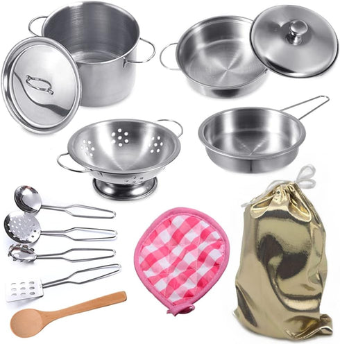 Play Pots and Pans Toys for Kids Kitchen Playset Pretend Cookware Utensils Play Set Play Cooking Toys Mini Stainless Steel Cooking Utensils Toys K...
