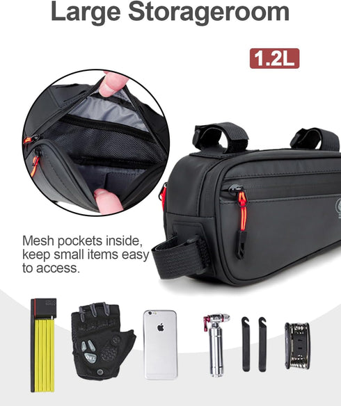 Bike Frame Bag, Water-resistant Bicycle Triangle Bag with Two Side Pockets, Top Tube Storage Pouch for Mountain Road Bike Trip, 1.2L Capacity...