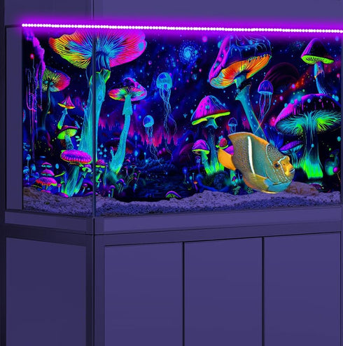 48X24IN Blacklight Aquarium Background UV Reactive Mushroom Background Starry Sky Terrarium Background with 10 EVA Double-Sided Tape...