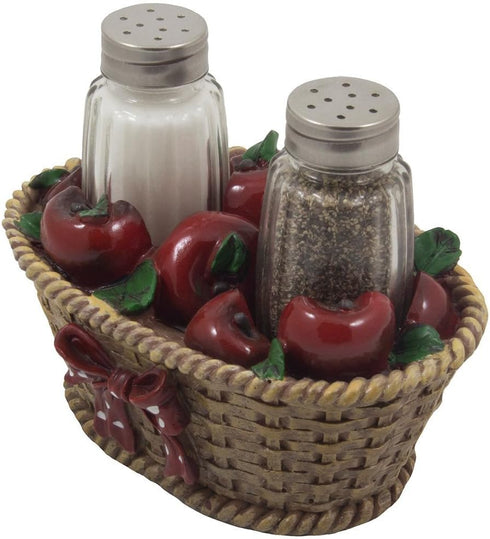 Apple Basket Glass Salt and Pepper Shaker Set with Holder in Country Kitchen Decor and Decorative Dining Room Table Gifts for Farmers...