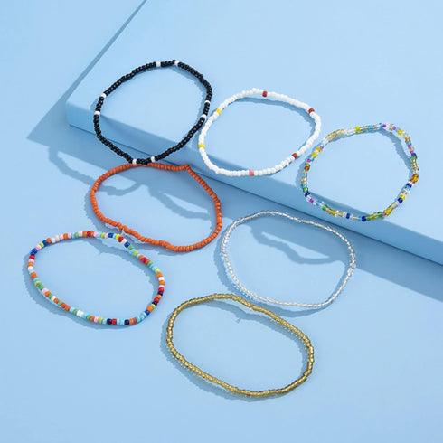 Boho Multilayer Handmade Beaded Anklets for Women,Elastic Adjustable Colorful String Anklets Beach Summer Foot Jewelry (A)...