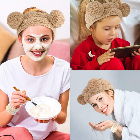 AHONEY Spa Bear Ears Headband, Face Wash Headband and Wristband Set, Cute Makeup Skincare Headbands Wrist Bands for Washing Face Elastic Fluffy He...