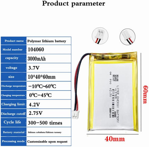 3.7V 104060 3000mAh Lithium Polymer ion Battery Rechargeable Polymer Battery Pack with JST 2.0mm Connector...