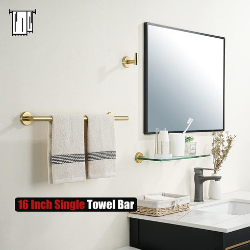 JQK Towel Bar Brushed Gold, 16 Inch 304 Stainless Steel Thicken 0.8mm Towel Rack Bathroom, Towel Holder Wall Mount, Total Length 19 Inch TB110L16-...
