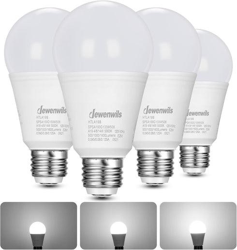 DEWENWILS 3 Way LED Light Bulbs, 40/60/100W Equivalent, 5000K Daylight White, A19 LED Bulbs, E26 Medium Base, 500/1000/1600LM Bright Light Bulbs, ...