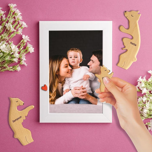 Personalized Bear Family Wooden Art Puzzle, Wooden Bear Jigsaw Puzzle with Heart Loving Family Bear Sculpture Decorative House Warming Wood Birthd...