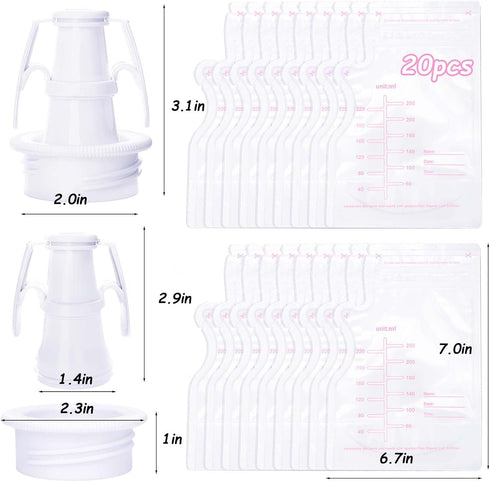 BABORUI Breastmilk Storage Set, 2Pcs Breastmilk Storage Bag Adapters with 20Pcs Milk Storage Bags for Fridge or Freezer, BPA Free Breastfeeding Es...
