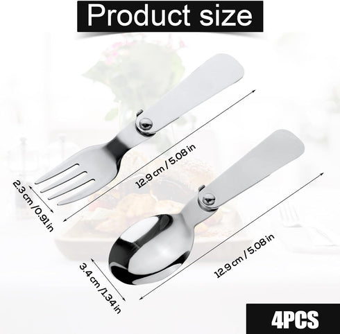 2pcs Folding Spoon & 2pcs Foldable Forks for Thermos Funtainer 10oz Food Jars, Portable Replacement Stainless Steel Spoons Forks for Travel Campin...