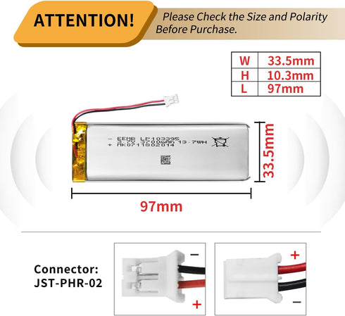 EEMB 3.7V Lithium ion Battery 3700mAh 103395 Rechargeable 3.7 Volt Lipo Battery Pack with Wire JST Connector for Speaker and Dashcam- Confirm Size...