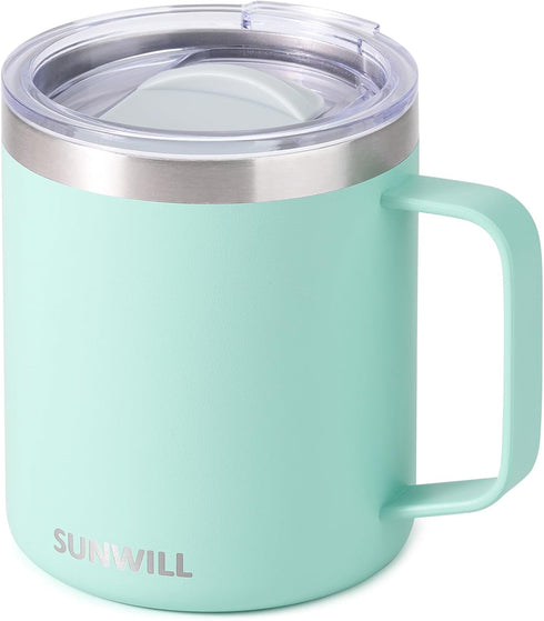 SUNWILL Insulated Coffee Mug with Lid, Travel Tumbler with Handle, 14 oz Stainless Steel Cup for Camping, Office, Home, Powder Coated Mint...