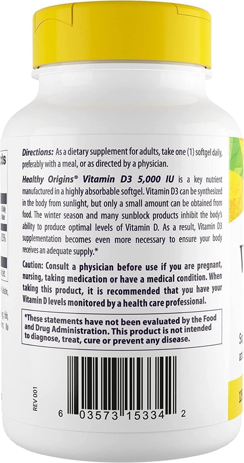 Healthy Origins Vitamin D3 5,000 IU (Non-GMO, High Potency, Bone Support, Immune Support, Gluten Free), 120 Softgels...