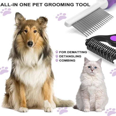 Pet Grooming Brush, Pet Detangling Pet Metal Comb with Long & Short Stainless Steel Teeth for Removing Matted Fur, Dematting Deshedding Brush Cat ...
