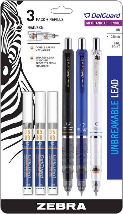Zebra Pen DelGuard Mechanical Pencil, Fine Point, 0.5mm, Black/Blue/White Barrel, Lead Refills, Refillable, 3-Pack (58603)...
