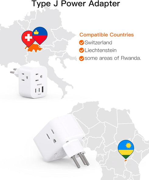 ?2 Pack? Switzerland Travel Plug Adapter, Type J Power Adapter with 3 Outlets, 3 USB Ports (2 USB C), Travel Essentials US to Switzerland, Rwanda,...