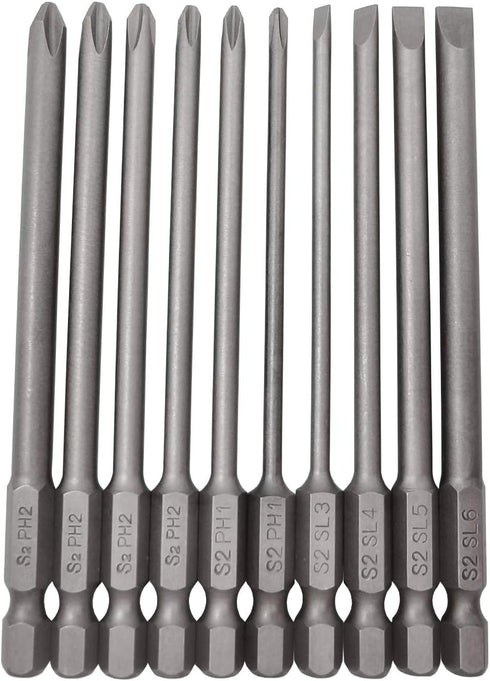 Long Slotted Head and Cross Phillips Screwdriver Bit Sets with 1/4 Inch Hex Shank 4 inch Lenght 4pcs Slotted Head and 6pcs Philips Cross Head Scre...