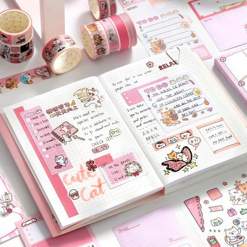 PRSTINCOL Cute Cat Scrapbooking Kit,Scrapbook Supplies Kit with Cat Dessert Theme for Junk Journal, Bullet A6 Grid Notebook DIY Scrapbook Birthday...