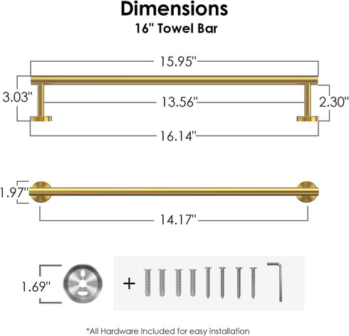 FORIOUS Towel Bar 14 Inch Center to Center, Brushed Gold Bathroom Towel Rack 304 Stainless Steel, Wall Mounted Towel Holder for Bathroom, includes...