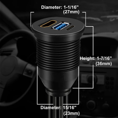 BATIGE USB 3.0 & Type C 3.1 & HDMI Male to Female Car USB C Flush Mount Extension Cable USB 3.0 Dash Mount for Car Truck Boat Motorcycle - 3ft...