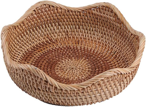 Handmade Rattan Round Fruit Basket Food Storage Bowls Kitchen Organizer Snack Serving Bowl Wavy Edge Circle Tray Basket, Boho Home Décor Display T...