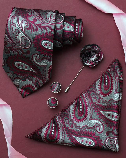 Paisley Ties For Men – Tie Set With Pocket Square Cufflinks & Flower Brooch Pin For Mens (APN1) (Pack of 4)...