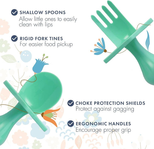 Elli&Nooli Baby Led Weaning Spoon & Fork Set - Mint Toddler Spoons & Forks - Ergonomic Grip Handles - Dishwasher Safe & Easy to Clean - Baby Feedi...