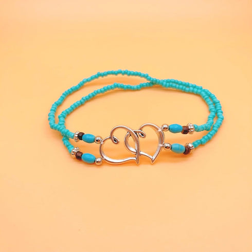 Double Hearts Stretch Anklet Elastic Beaded Ankle Bracelet Seed Bead Layered Turquoise Stretch Ankle Bracelet Boho Summer Beach Foot Jewelry Gift...