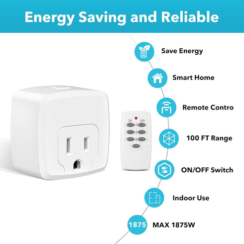 HBN Remote Control Outlet with 100FT RF Signal, Wireless On Off Switch Plug for Household Appliances, Battery Included, 15A/1875W(3 Outlets + 1 Re...